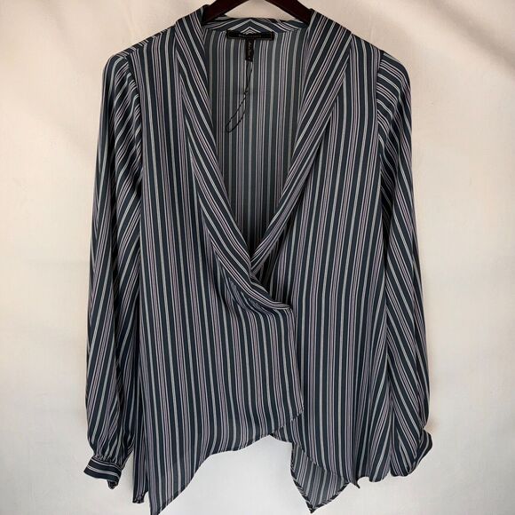BCBG MaxAzria Blouse Sz S Midnight Teal Asymmetrical Wrap White Pink Stripes - Picture 1 of 7